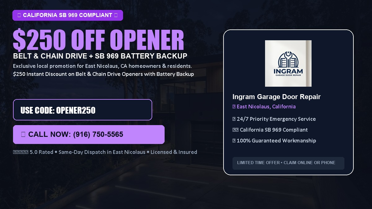 $250 OFF Smart Garage Door Opener Installation (Belt & Chain Drive with California SB 969 Battery Backup) in East Nicolaus, CA